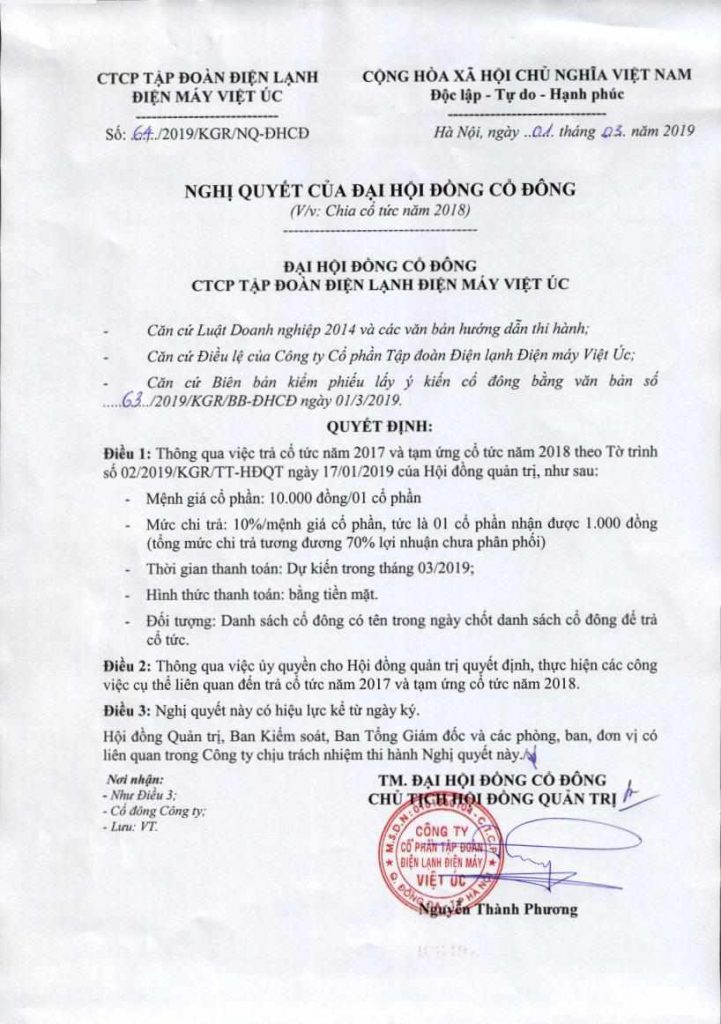 Nghị quyết của Đại hội cổ đông về việc chia cổ tức năm 2018