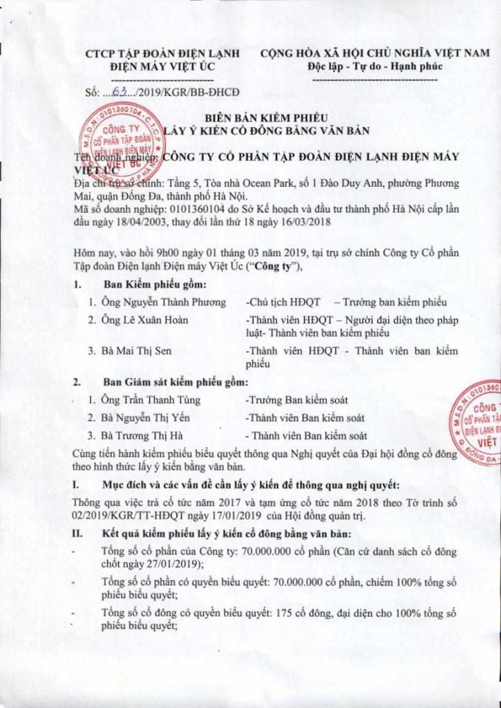 Nghị quyết của Đại hội cổ đông về việc chia cổ tức năm 2018
