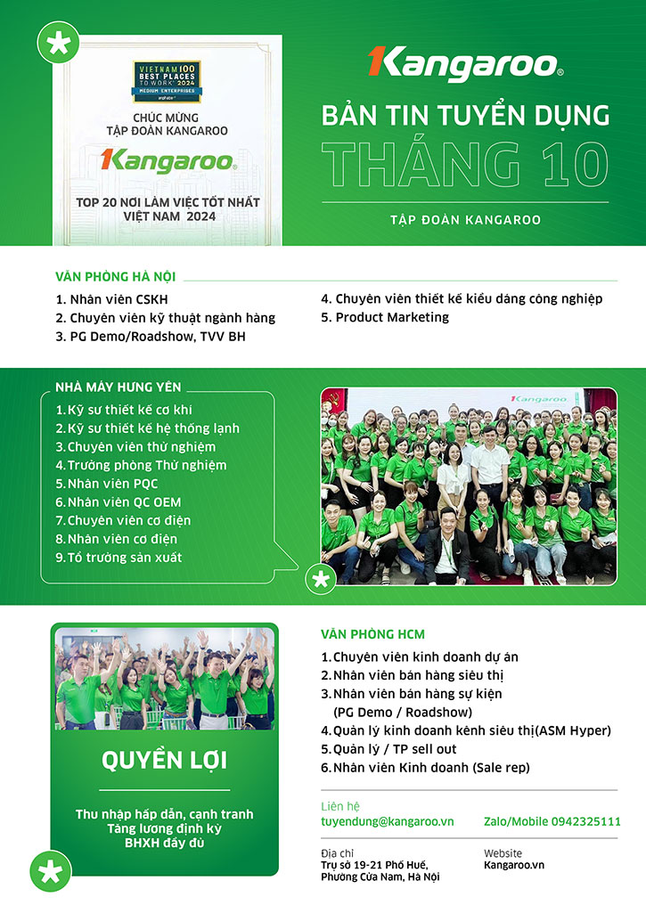 Thông tin tuyển dụng Tập đoàn Kangaroo tháng 10