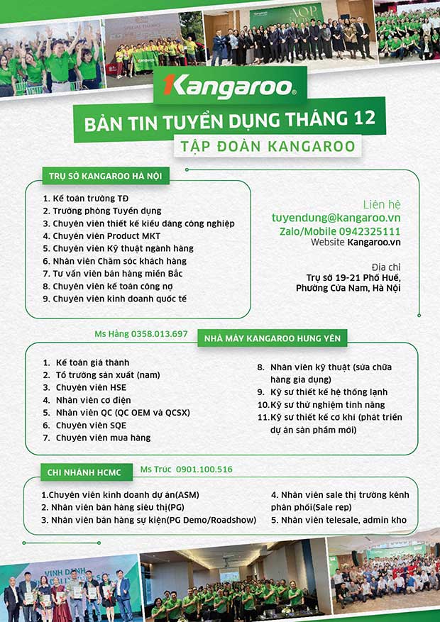 Thông tin tuyển dụng Tập đoàn Kangaroo tháng 12