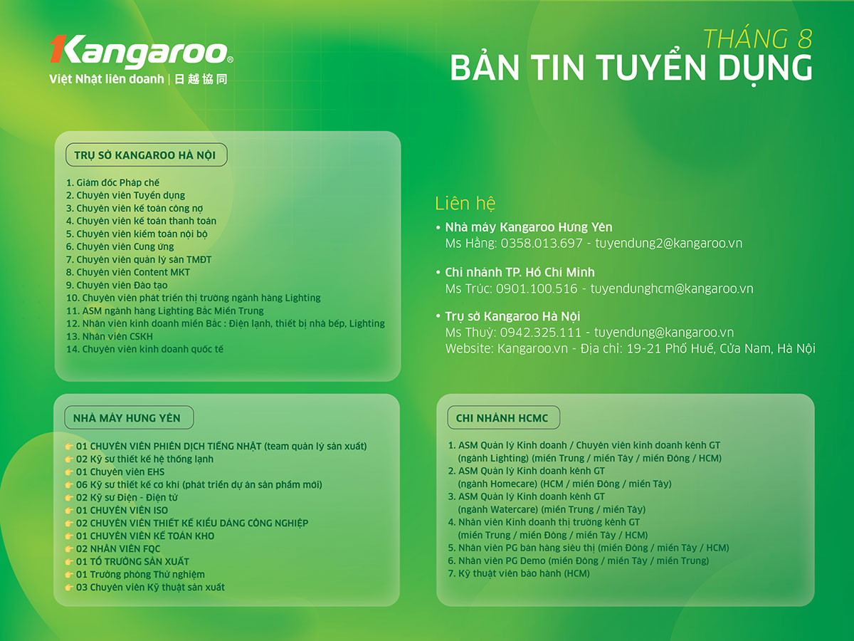 Thông tin tuyển dụng Tập đoàn Kangaroo tháng 08/2026