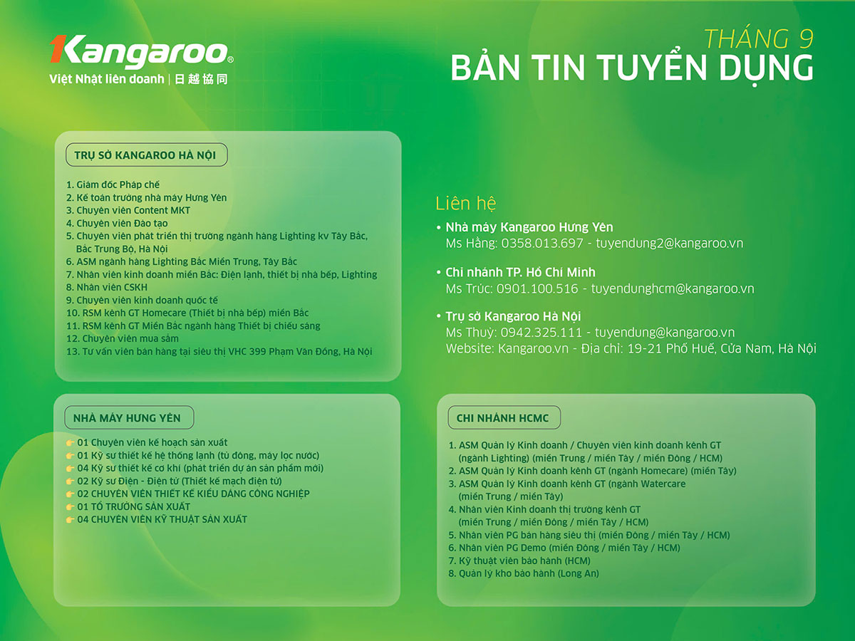 Thông tin tuyển dụng Tập đoàn Kangaroo tháng 09/2026