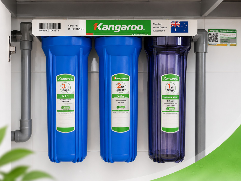 Thiết bị lọc nước đầu nguồn Kangaroo KG01G3 đi kèm giá treo tường tiện lợi