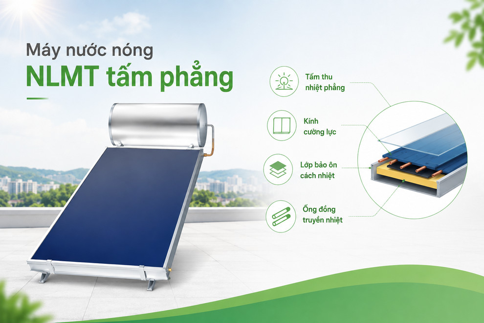 Máy nước nóng năng lượng mặt trời tấm phẳng lắp ôm sát mái nghiêng