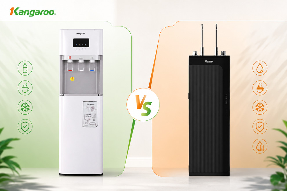 Hình ảnh trực quan cây nước nóng lạnh và máy lọc nước nóng lạnh Kangaroo