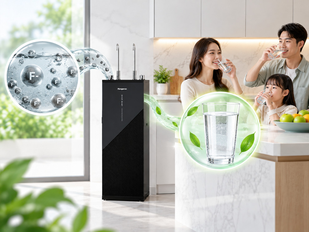 Máy lọc nước RO tại khu vực bếp giúp gia đình chủ động nguồn nước uống khi nguồn nước đầu vào có chỉ tiêu florua cần kiểm soát
