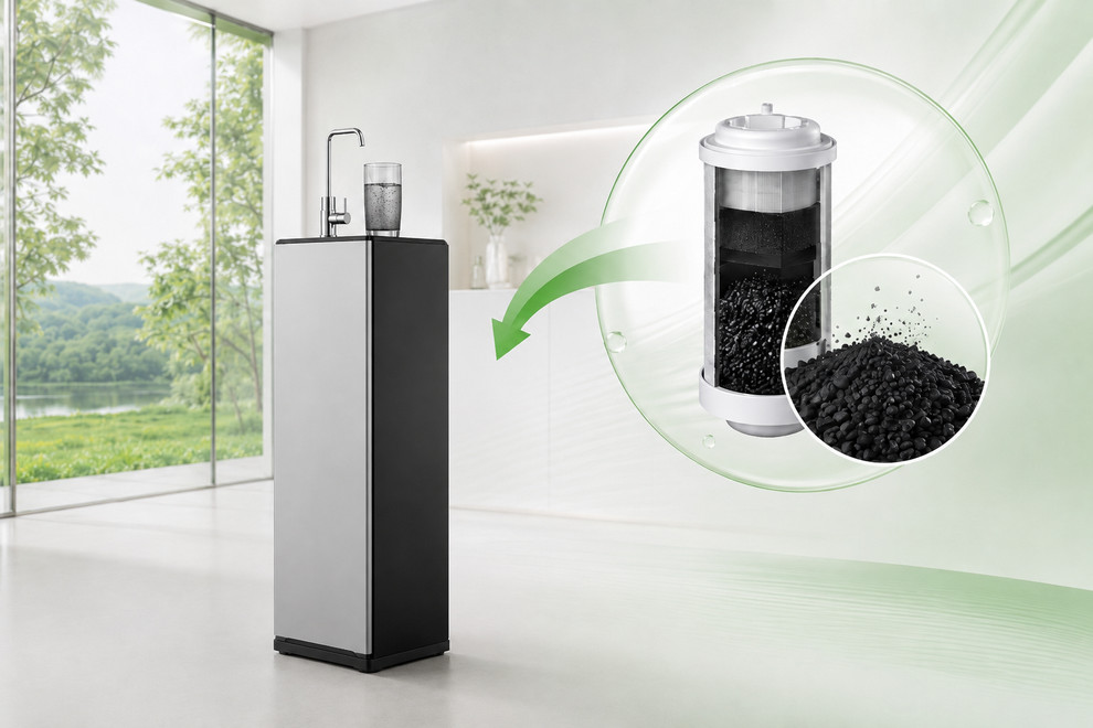 Nước đầu ra có màu đen xám do bụi than hoạt tính từ lõi lọc mới