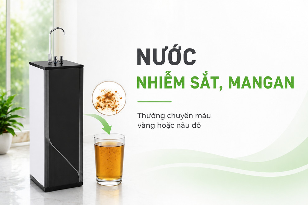 Nước nhiễm sắt, mangan thường chuyển màu vàng hoặc nâu đỏ