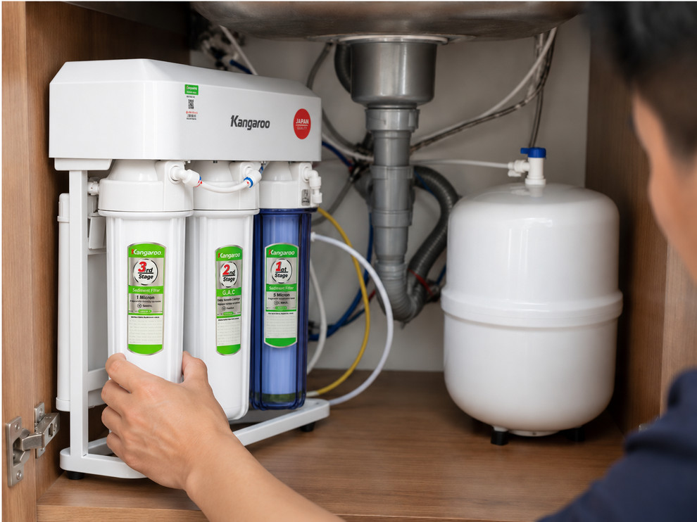 Sau mỗi lần thay lõi, cần xả khí và quan sát mối nối trước khi sử dụng dòng nước ổn định. 