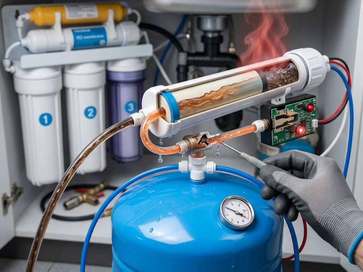Áp lực bình áp đẩy ngược qua van một chiều hỏng khiến máy lọc bật ngắt liên tục