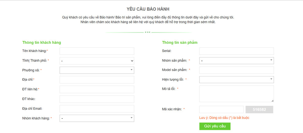 Giao diện gửi yêu cầu bảo hành, bảo trì và sửa chữa trực tuyến dành cho khách hàng Kangaroo.
