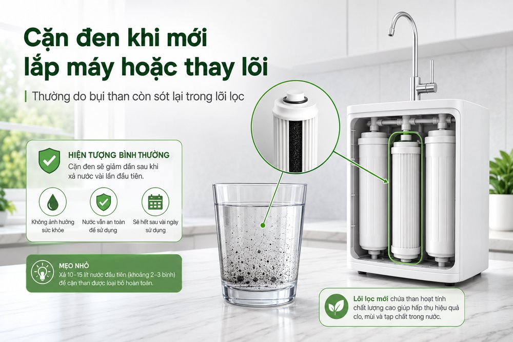 Máy lọc nước có cặn đen là hiện tượng bình thường khi vừa lắp máy hoặc thay lõi lọc, chủ yếu do bụi than còn sót lại trong lõi lọc