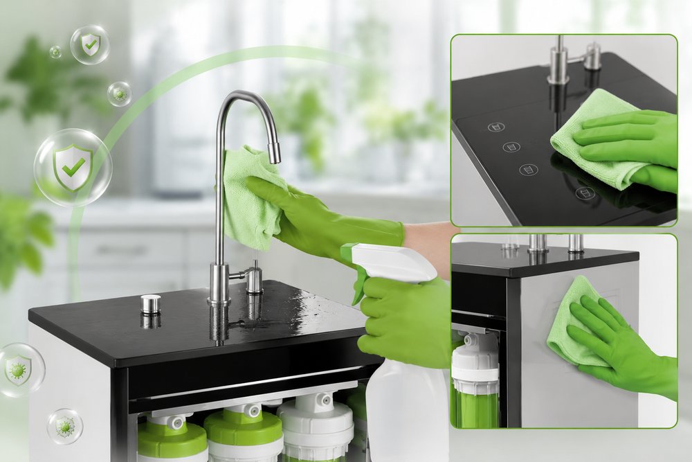Vệ sinh vòi lấy nước, bảng điều khiển và bề mặt máy định kỳ để hạn chế bụi bẩn, vi khuẩn tích tụ