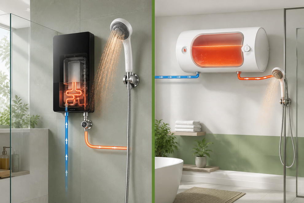Máy nước nóng trực tiếp gia nhiệt ngay khi nước chảy qua, còn máy gián tiếp làm nóng nước trong bình chứa