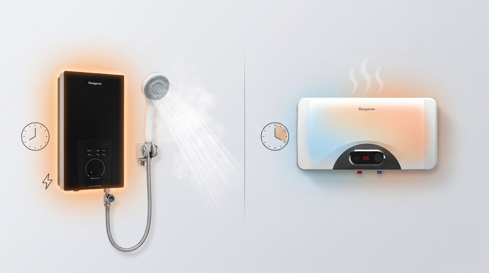 Máy nước nóng trực tiếp cho nước nóng gần như tức thì, máy gián tiếp cần khoảng 15–30 phút để làm nóng nước