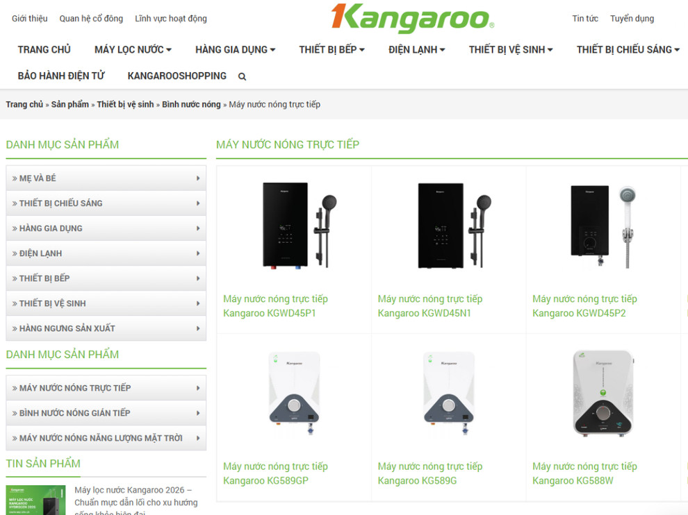 Máy nước nóng trực tiếp Kangaroo đa dạng mẫu mã và kiểu dáng