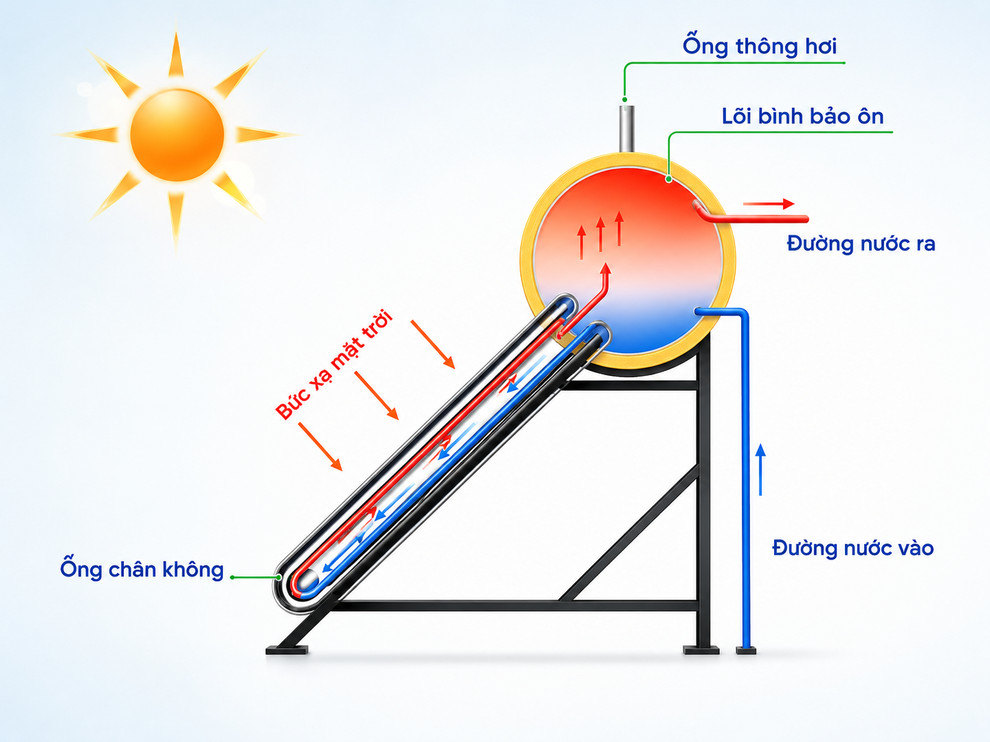 Nguyên lý hoạt động của máy nước nóng năng lượng mặt trời ống thủy tinh chân không