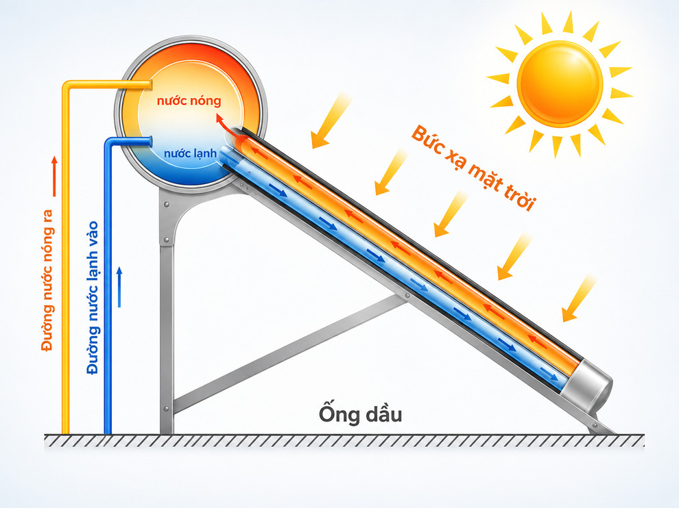 Nguyên lý hoạt động máy nước nóng năng lượng mặt trời ống dầu