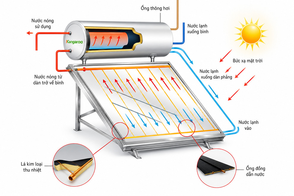 Nguyên lý hoạt động của máy nước nóng năng lượng mặt trời tấm phẳng