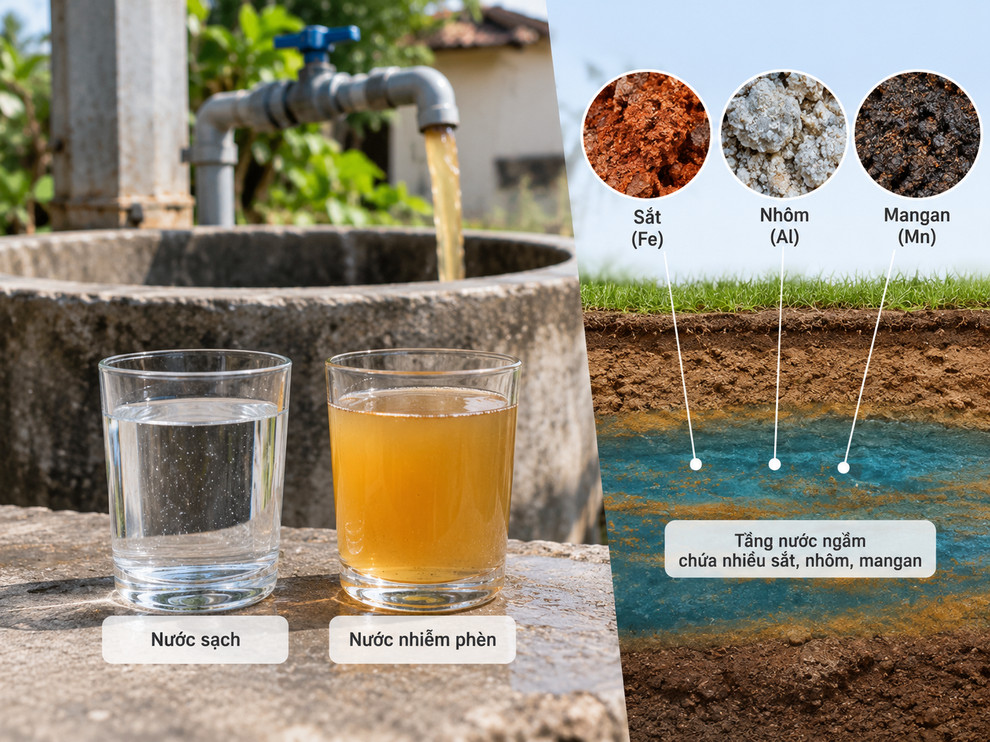 Nguyên nhân nước nhiễm phèn do hàm lượng sắt, nhôm, mangan cao trong tầng nước ngầm