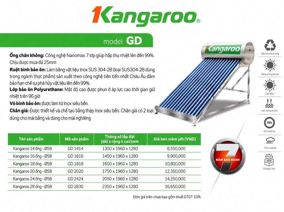 Máy nước nóng NLMT kháng khuẩn Kangaroo Model GD
