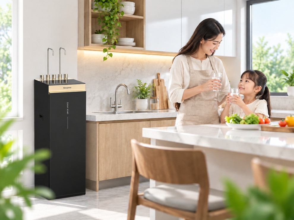 Máy lọc nước đặt tại khu vực bếp giúp gia đình chủ động nguồn nước cho nhu cầu ăn uống hằng ngày
