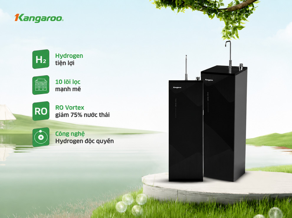 Máy lọc nước Kangaroo Hydrogen Infinity KG10S8-H1 thiết kế tủ đứng mặt kính tràn viền