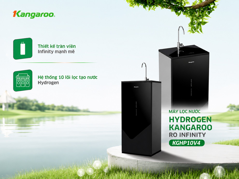 Máy lọc nước Kangaroo Hydrogen Infinity KGHP10V4 với cụm lõi gộp nguyên khối và mặt kính tràn viền