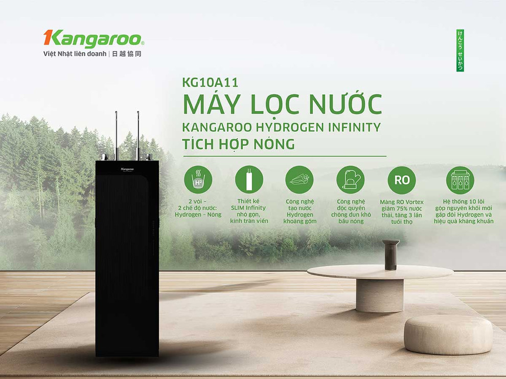 Máy lọc nước Kangaroo Hydrogen Infinity tích hợp nóng KG10A11 thiết kế SLIM, hai chế độ Nóng – Hydrogen