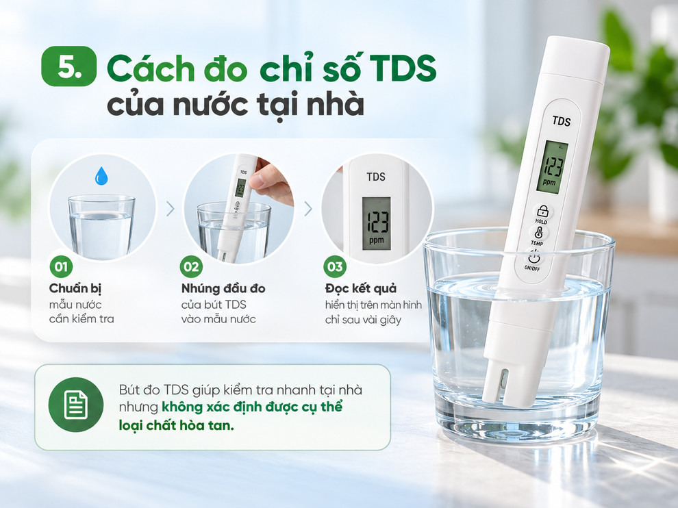 Bút đo TDS giúp kiểm tra nhanh tại nhà nhưng không xác định được cụ thể loại chất hòa tan